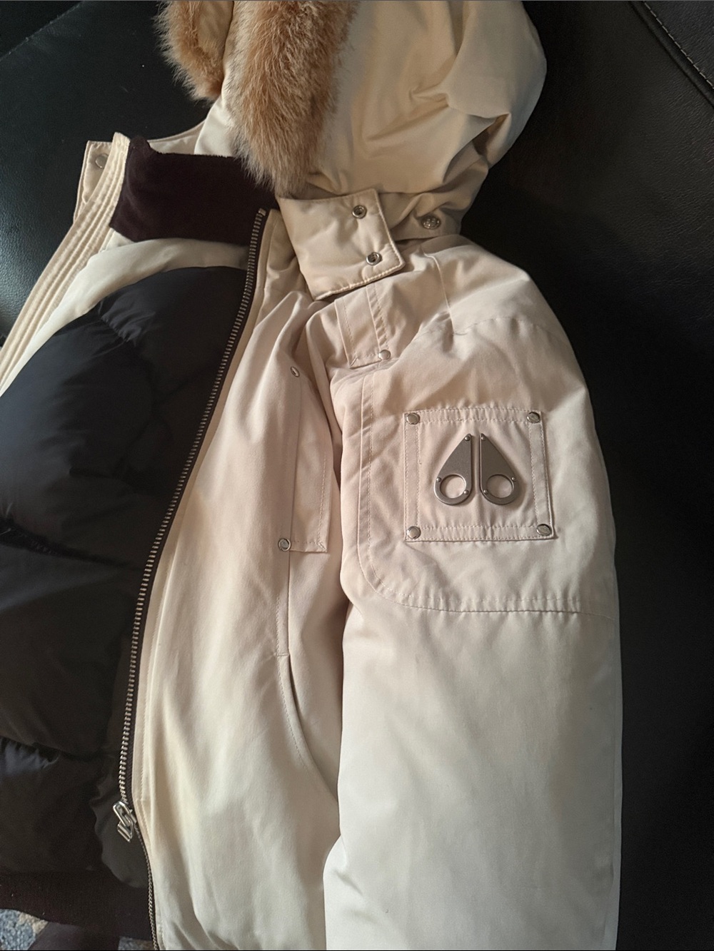 Moose Knuckles Kids Ivory Hooded Puffer with Faux Fur Trim